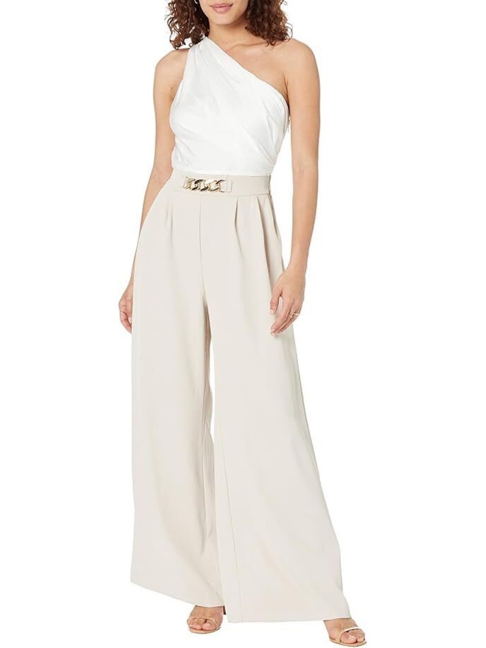 NWT Line & Dot Cream One-Shoulder Jumpsuit with Gold Chain Waist